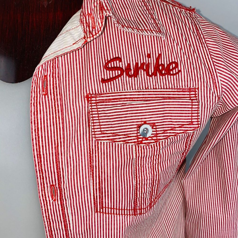 Strike Button Down Dragster Casual Dress Shirt Red Embroidery Patches - Picture 3 of 9
